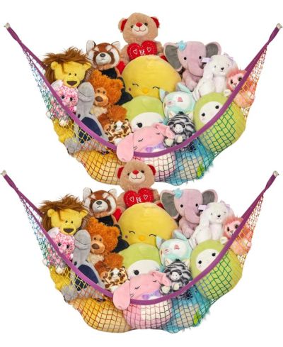 Сет из 2 штук Lilly's Love Toddler Stuffed Animal Net Hammock, Jumbo Extra Large Corner Hanging Toy Storage Organizer, Rainbow