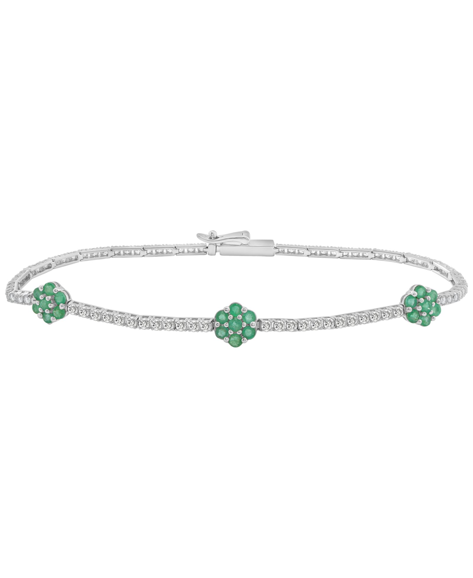 Macy's Lab Grown Emerald (5/8 ct. t.w.) and White Sapphire (2-1/6 ct. t.w.) Cluster Link Bracelet in Sterling Silver