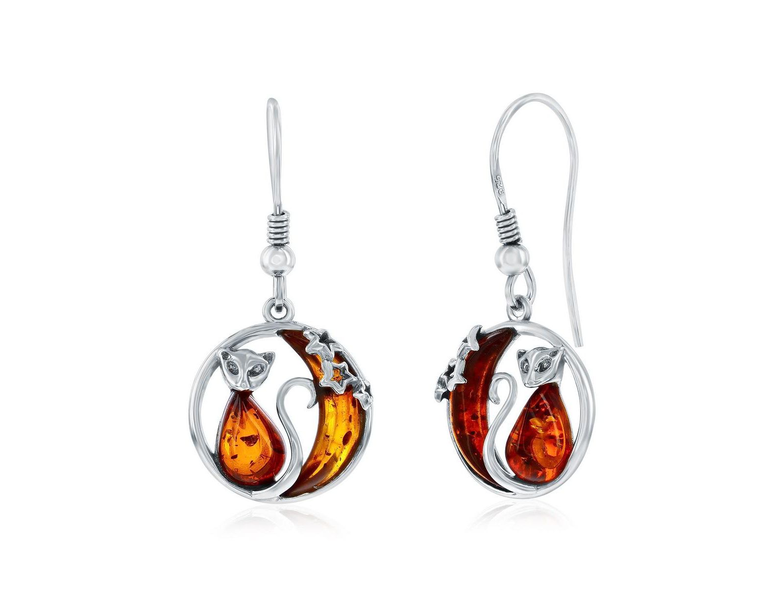 Sterling , Cat & Moon Amber Dangle Earrings