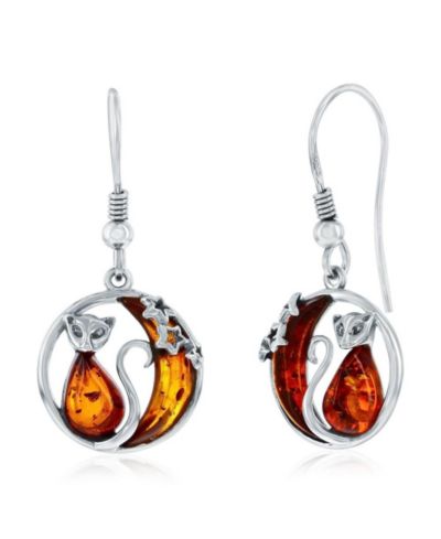 Sterling , Cat & Moon Amber Dangle Earrings