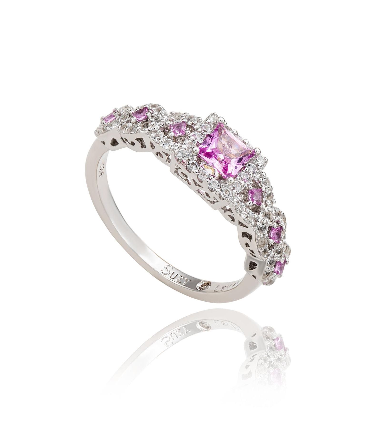 Suzy Levian Sterling Assher Cut Sapphire and Created Sapphire Proposal Ring