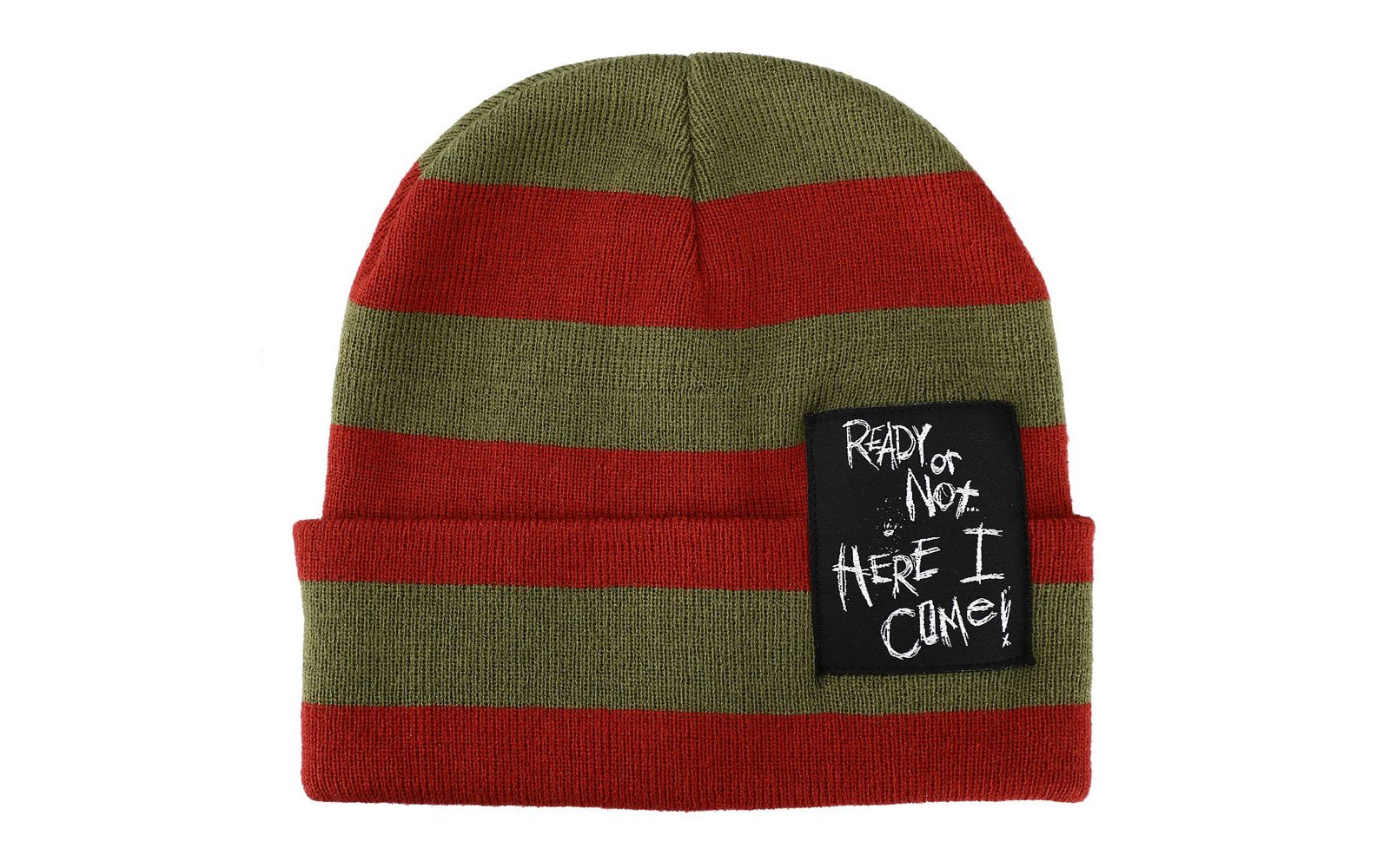 Nightmare on Elm Street Men's Ready Or Not Here I Come Woven Label Striped Cuffed Beanie