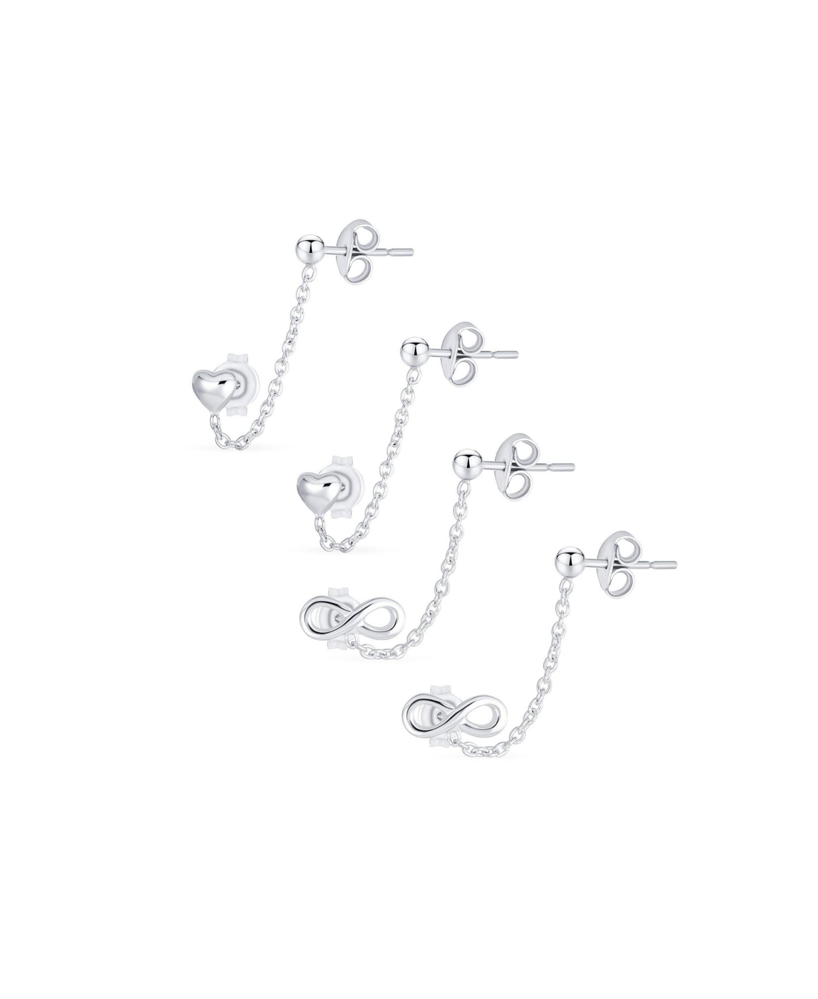 Bling Jewelry Double Piercing Infinity Heart Ear Cuff Chain Stud Earrings Sterling Silver