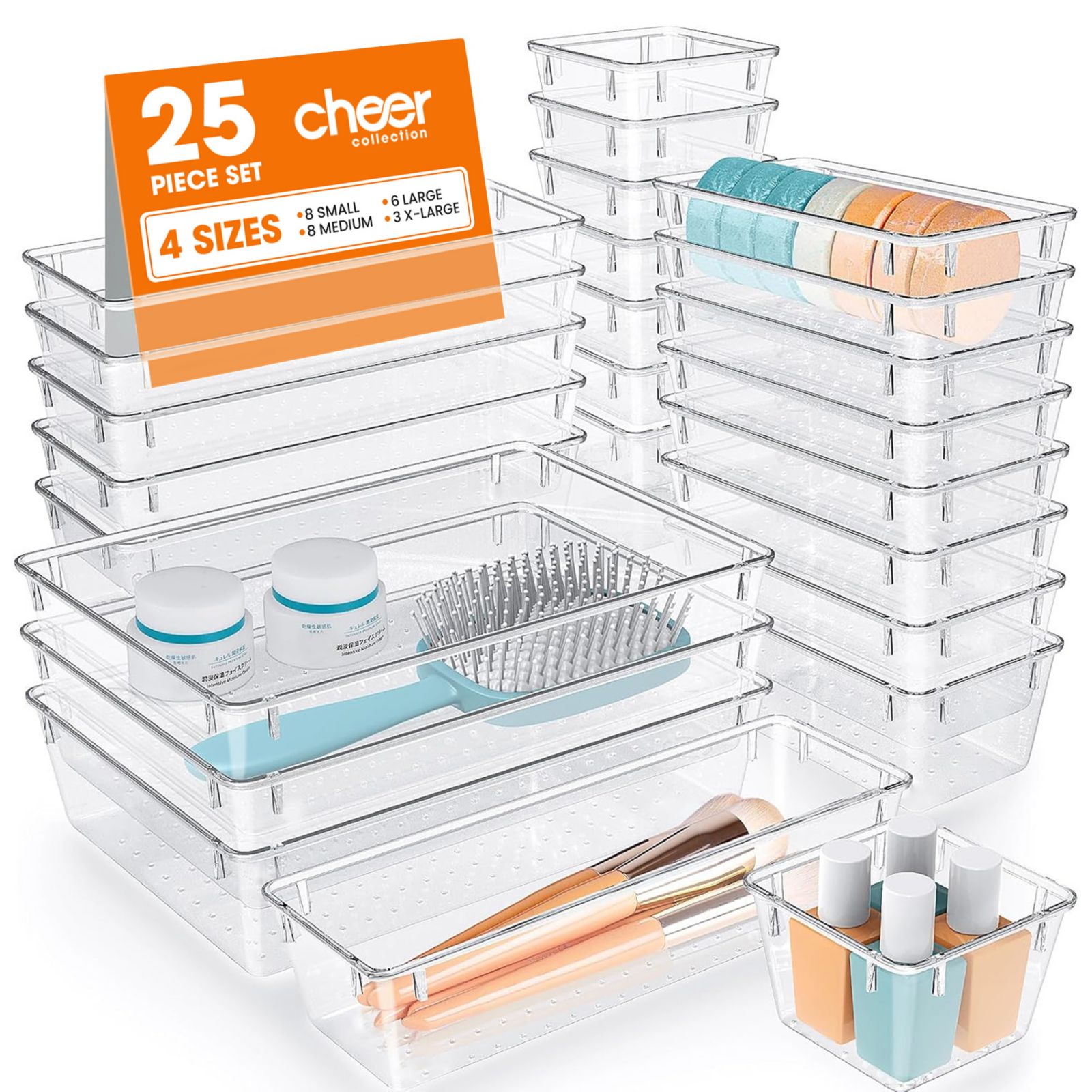 Cheer Collection Clear Plastic Drawer Organizer Set 25 Piece