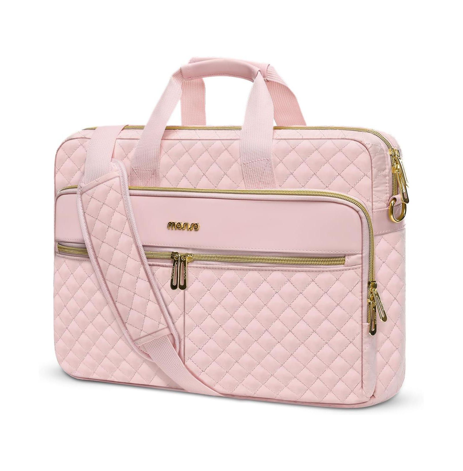 MOSISO Pink Square Quilted Laptop Messenger Bag - 15-16 Inch Briefcase for Office & Travel | 3-Pocket Computer Bag with Adjustable Strap