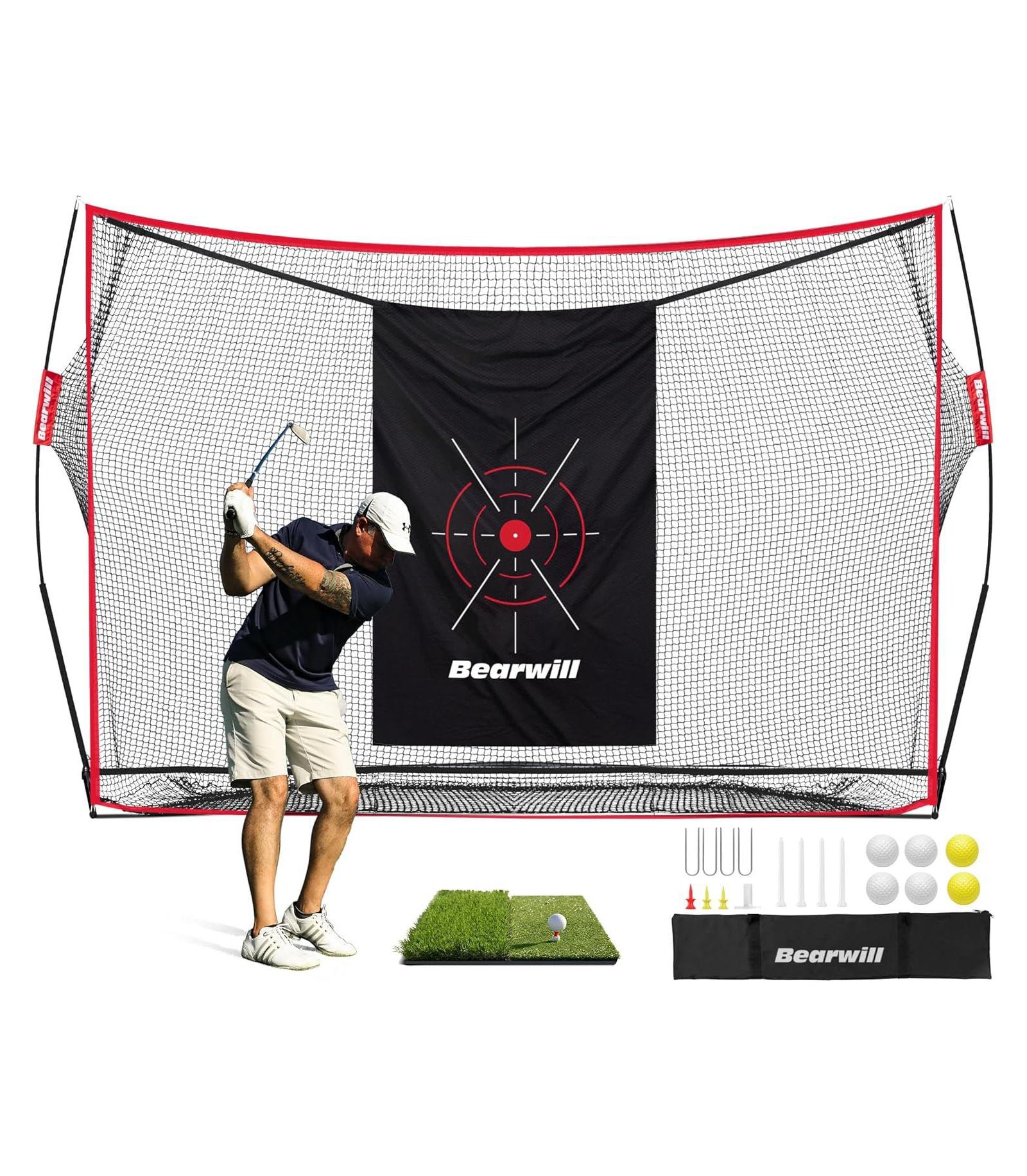 Bearwill 10x7ft Heavy Duty Golf Practice Net - Includes Mat, Target Cloth, 8 Tees, 6 Balls & Carry Bag, for Backyard, Indoor & Outdoor Training