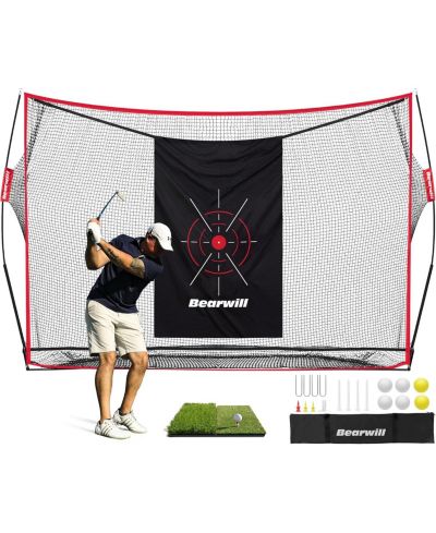 Bearwill 10x7ft прочная сетка для тренировки гольфа - включает мат, полотно для мишени, 8 ти, 6 мячей и сумку для переноски, для тренировок на заднем дворе, внутри и снаружи