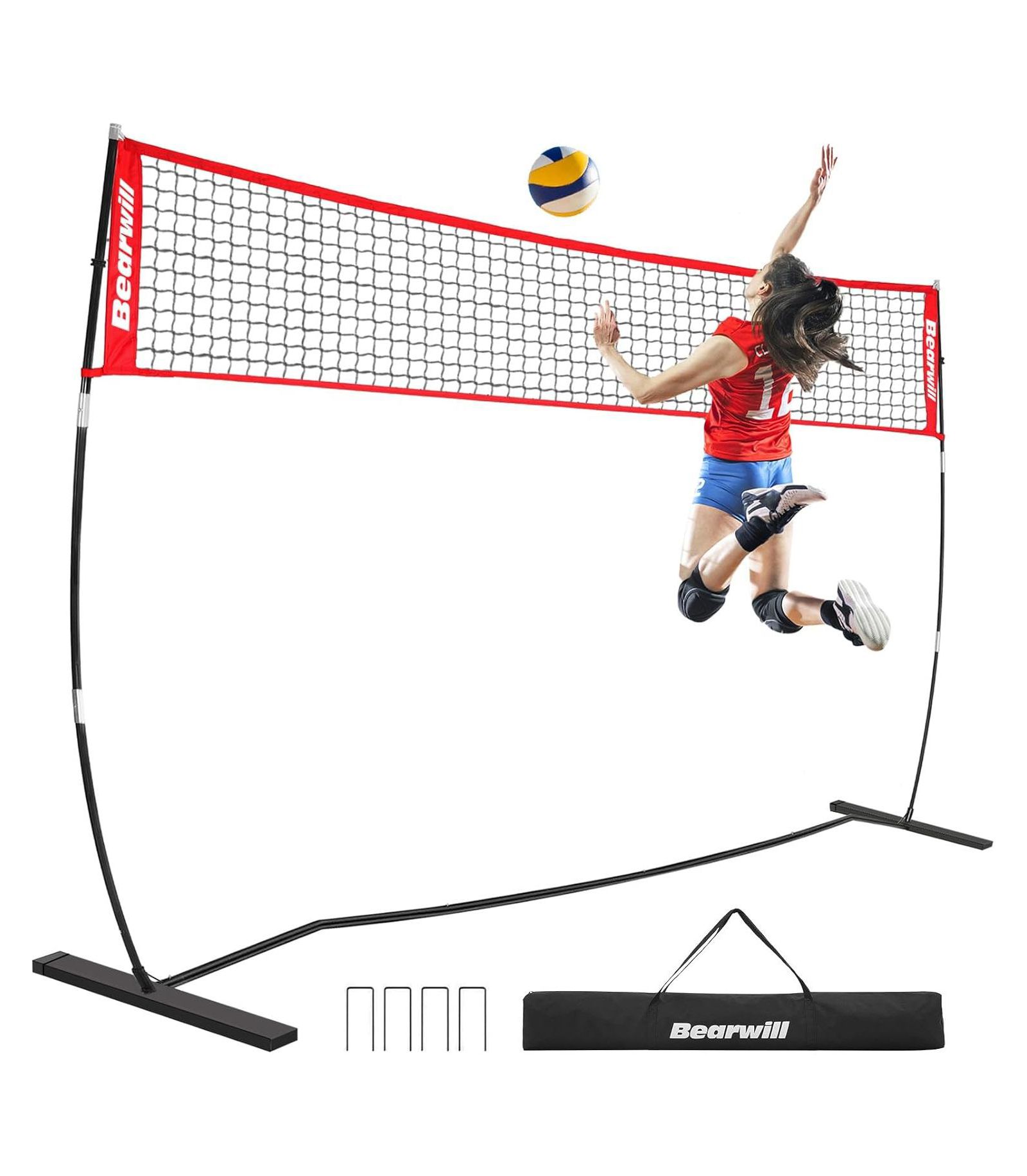 Bearwill 12FT Portable Volleyball Net Set - Freestanding, Height Adjustable, Includes Carry Bag - for Backyard, Indoor & Outdoor Practice