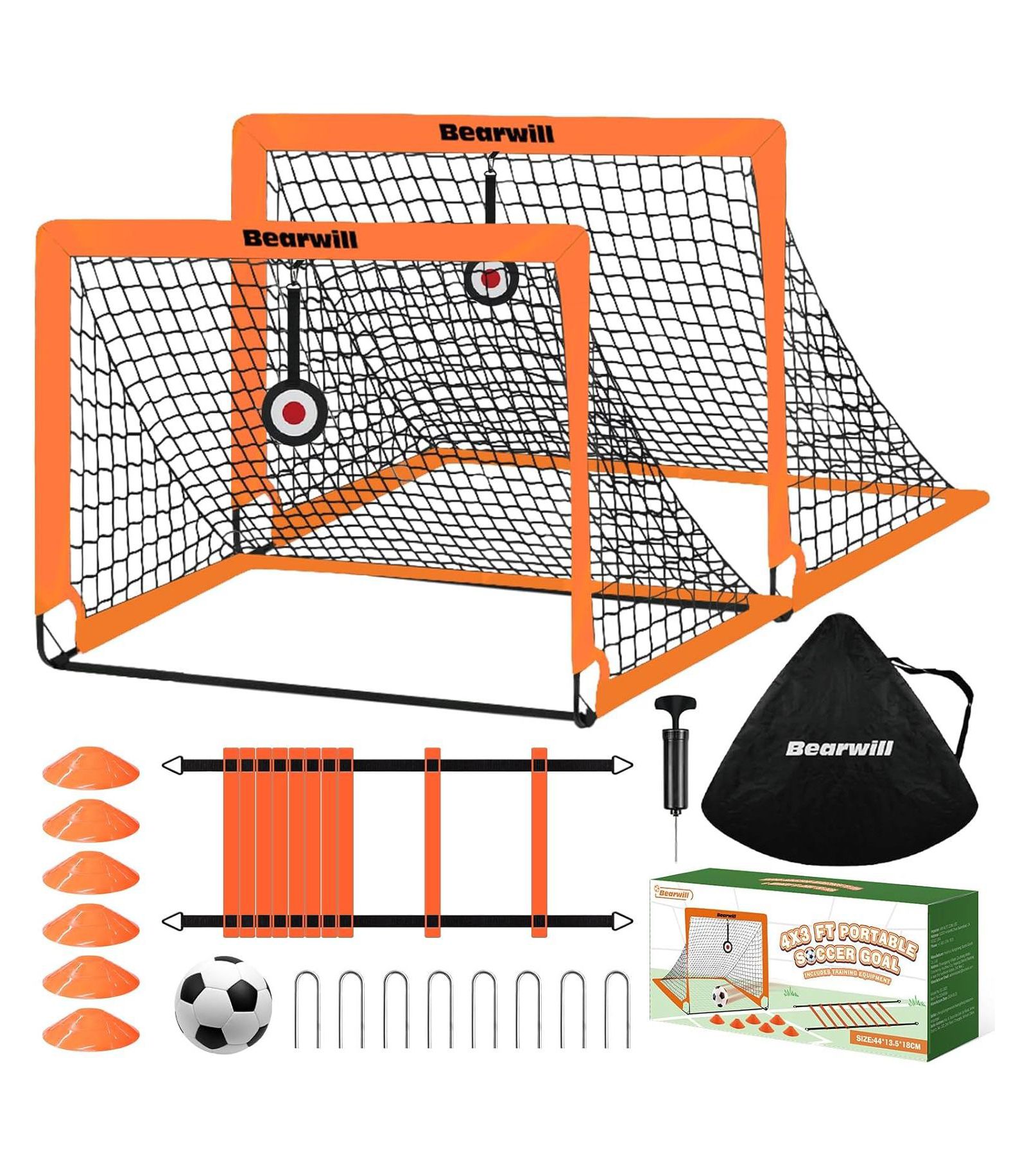 Bearwill Kids Soccer Goal Set of 2, 4x3FT Pop Up Backyard Goals with Training Kit - Includes Ball, Cones, Ladder & Targets