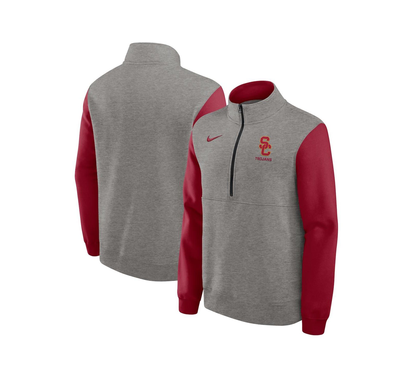 Nike Мужская толстовка с капюшоном Heather Gray/Cardinal USC Trojans Club Fleece Half-Zip