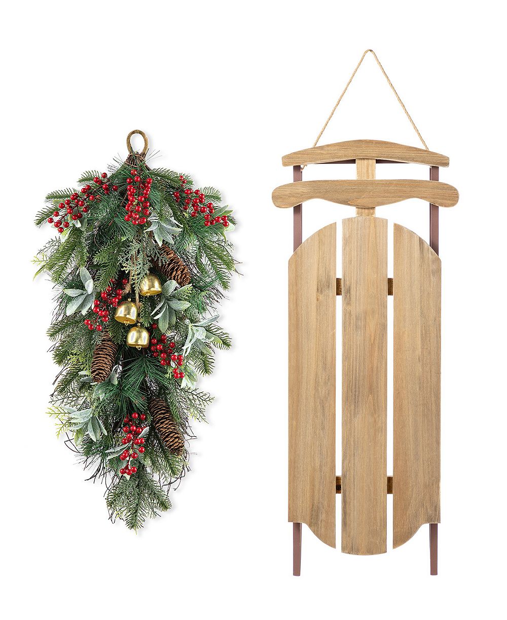 Декор для дома Glitzhome 34.25" 2-Piece Wooden Christmas Sleigh Porch Décor и замороженная сосновая капля