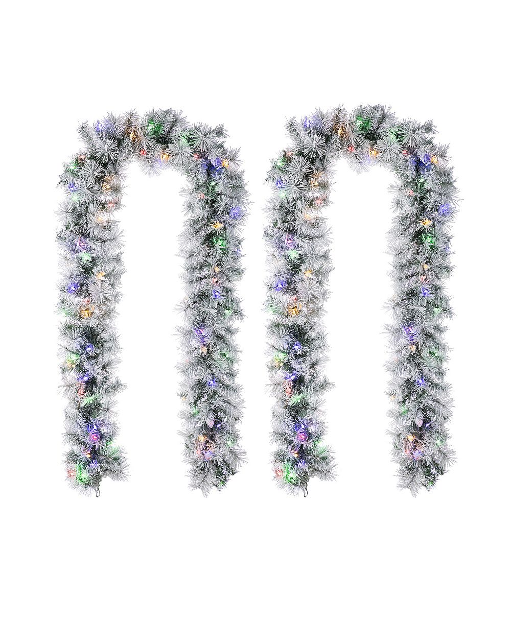 Glitzhome Pre-Lit Snow Flocked Greenery Pine Christmas Garlands, Set of 2
