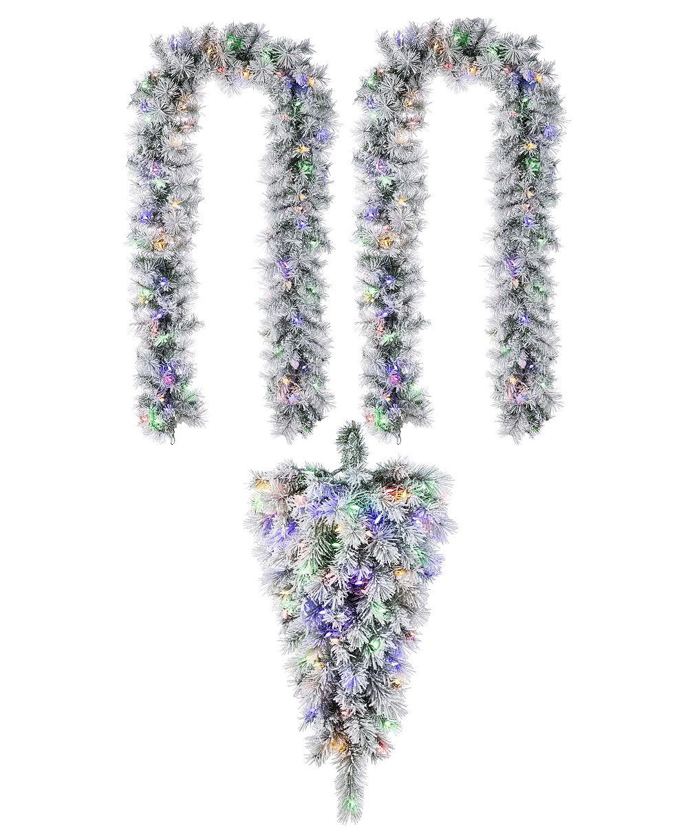 Glitzhome Pre-Lit Snow Flocked Greenery Pine Christmas Teardrop and Matched Garlands, Set of 3