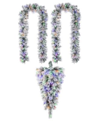 Glitzhome Pre-Lit Snow Flocked Greenery Pine Christmas Teardrop and Matched Garlands, Set of 3