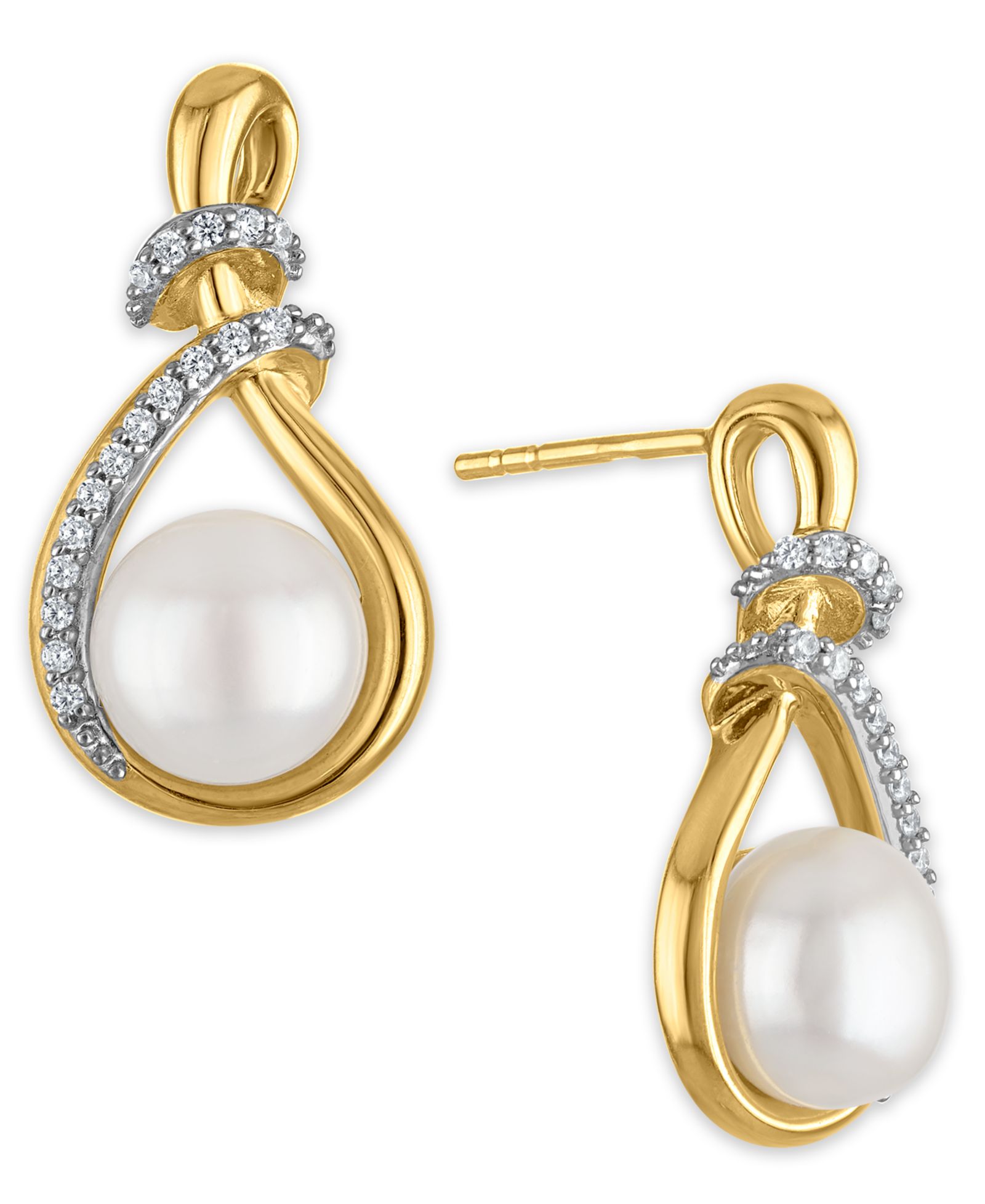 Серьги-подвески Macy's Cultured Freshwater Pearl (8mm) и Cubic Zirconia в 14k Gold Over Sterling Silver
