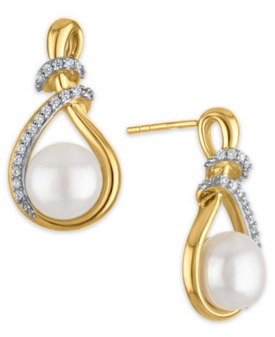 Серьги-подвески Macy's Cultured Freshwater Pearl (8mm) и Cubic Zirconia в 14k Gold Over Sterling Silver
