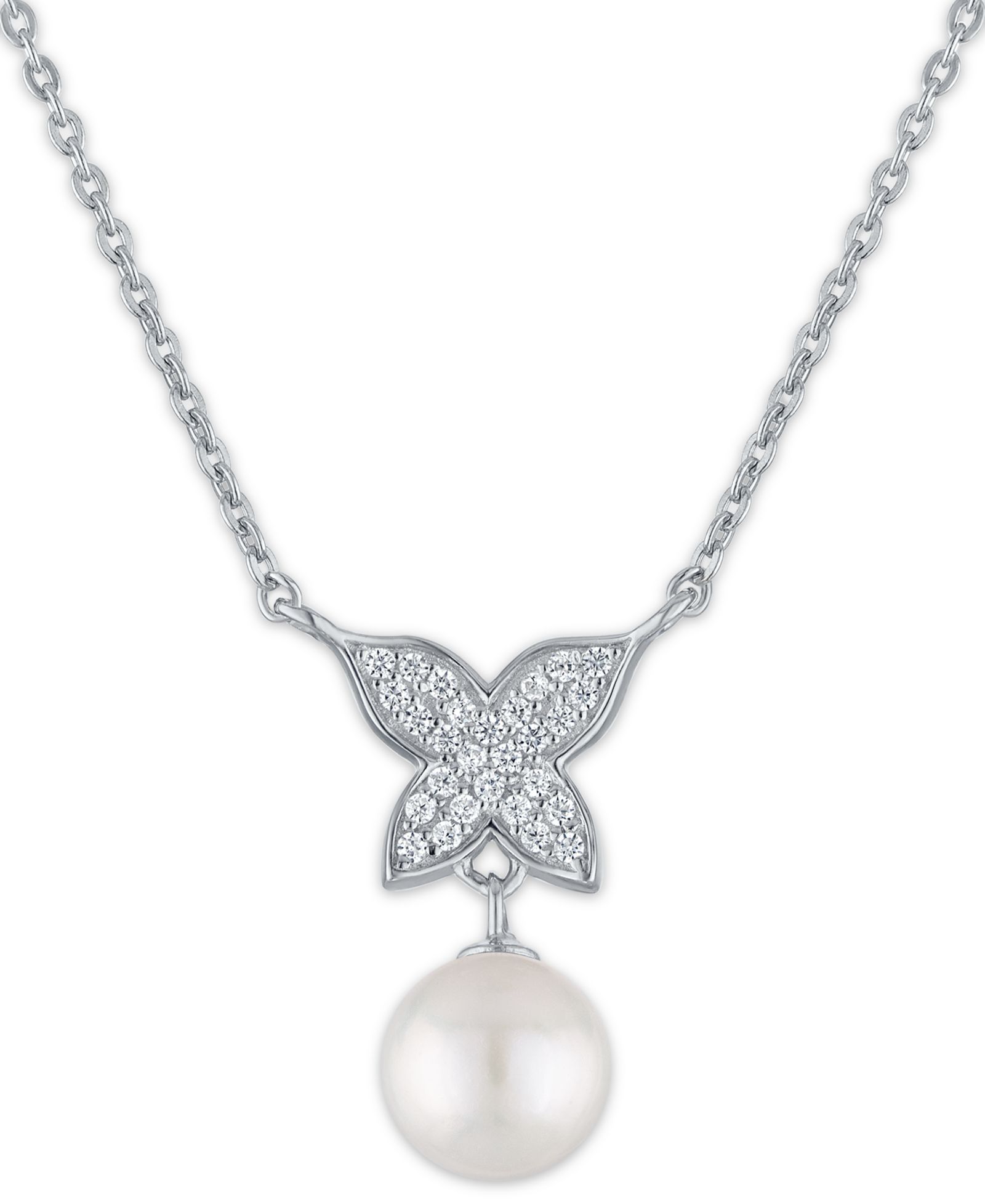 Macy's ожерелье-бабочка с культивированным речным жемчугом (7.5-8mm) и кубическим цирконием в стерлинговом серебре