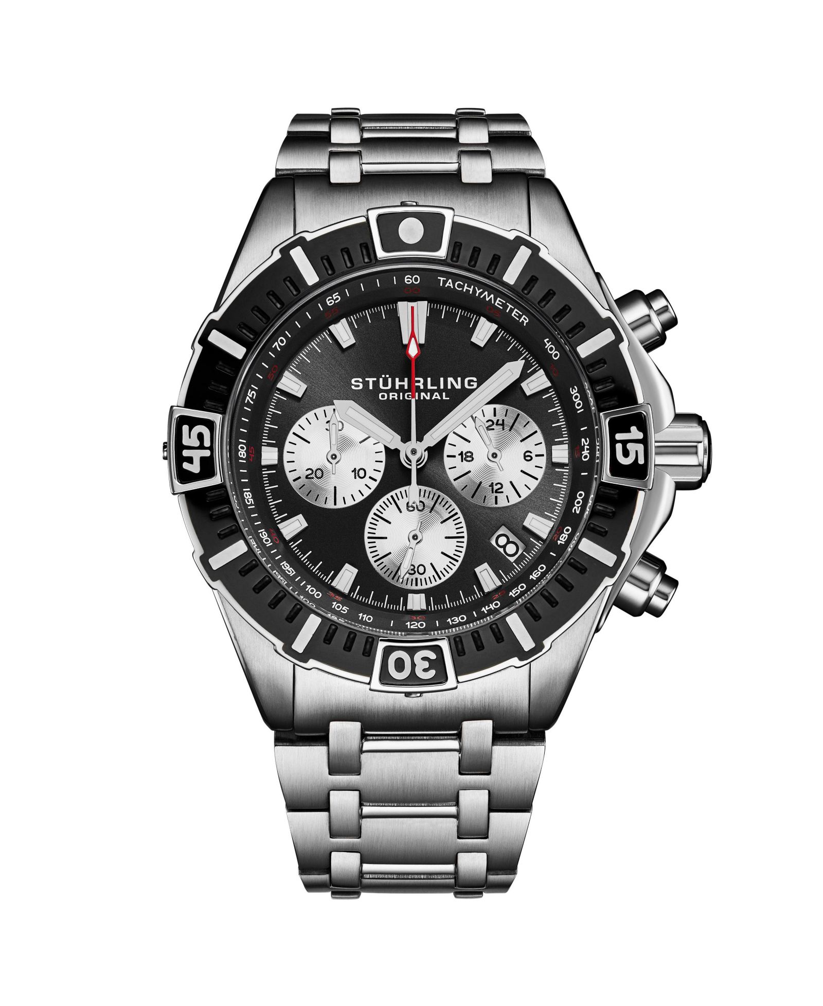 Мужские часы Stuhrling 1022 Chronograph Quartz Black Dial Silver Subdials Black Bezel Stainless Steel Case and Bracelet 50M Water Resistant