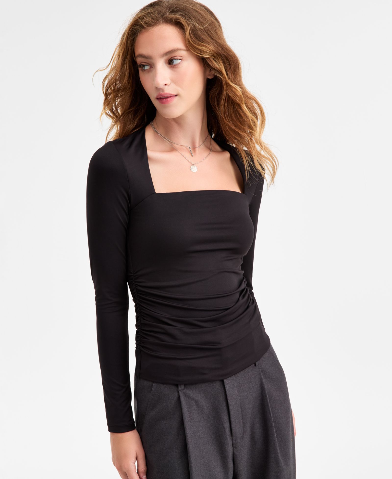 Bar III Women's Square-Neck Ruched Knit Top, Macy's Exclusive