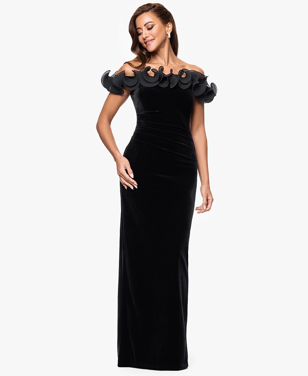 XSCAPE Petite Velvet Off-Shoulder Long Gown
