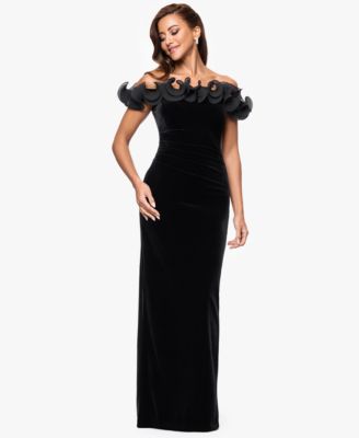 XSCAPE Petite Velvet Off-Shoulder Long Gown
