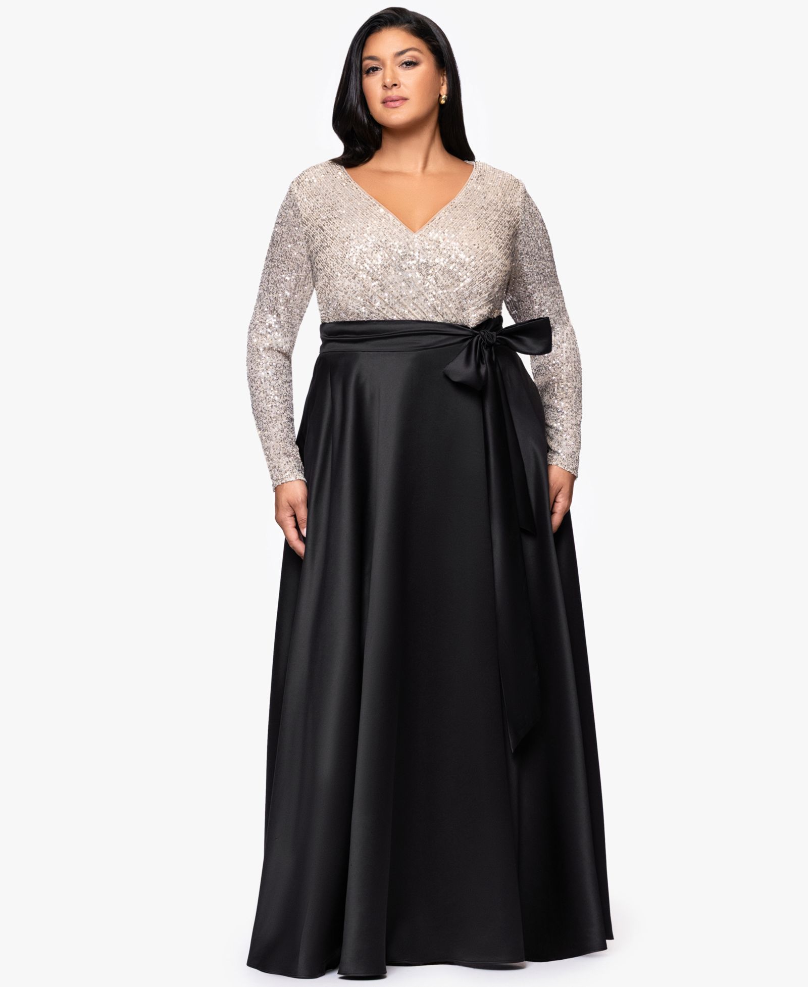 XSCAPE Plus Size Long Sleeve Sequin Ballgown Skirt Dress