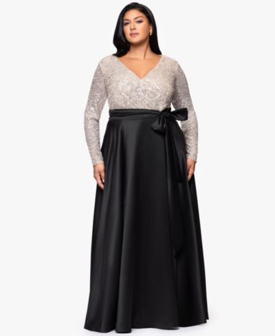 XSCAPE Plus Size Long Sleeve Sequin Ballgown Skirt Dress