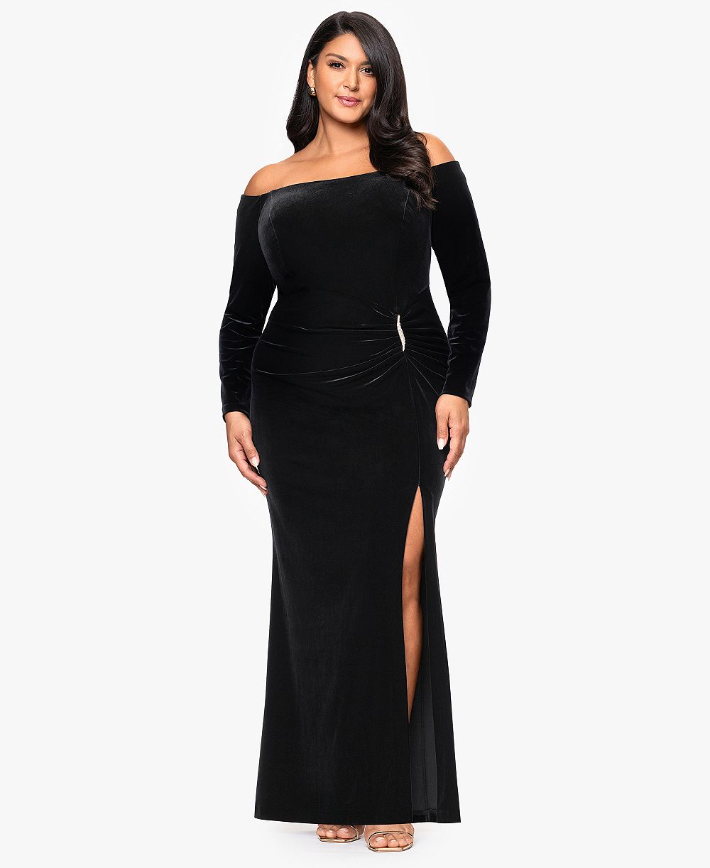 XSCAPE Plus Size Off-the-Shoulder Velvet Gown