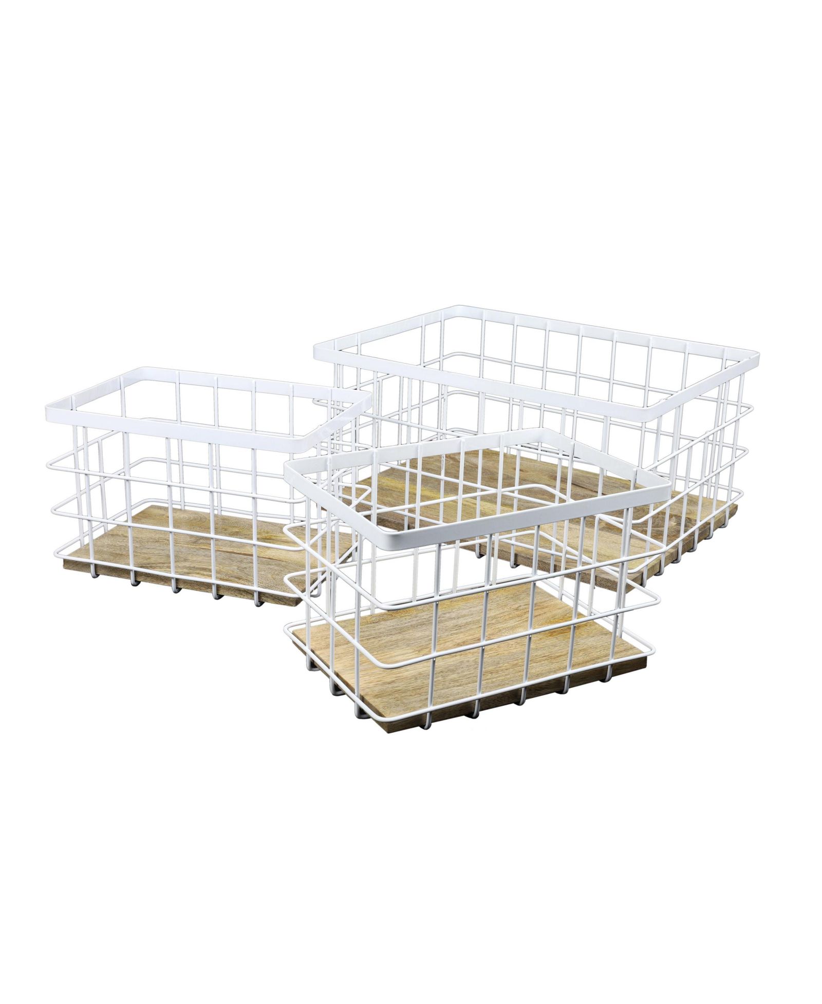 Happimess Evvie Vintage Farmhouse Handmade Set of 3 Wire Metal Nesting Storage Baskets with Wood Base