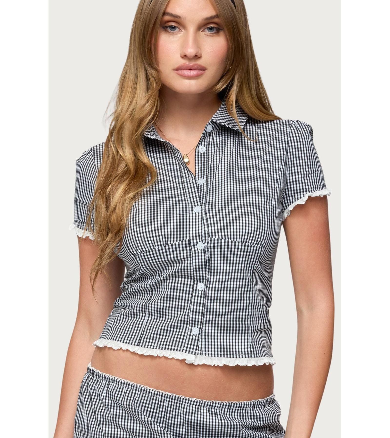 Edikted Womens Paige Gingham Tailored Button Up Shirt