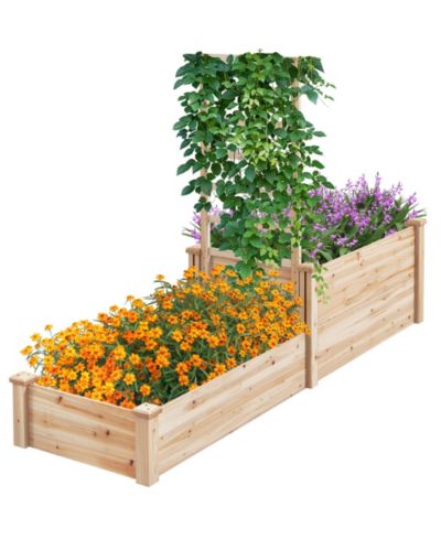 Gymax Raised Garden Bed w/ 2 Planter Boxes and Trellis Outdoor Wooden Planter Box Kit for Sapling