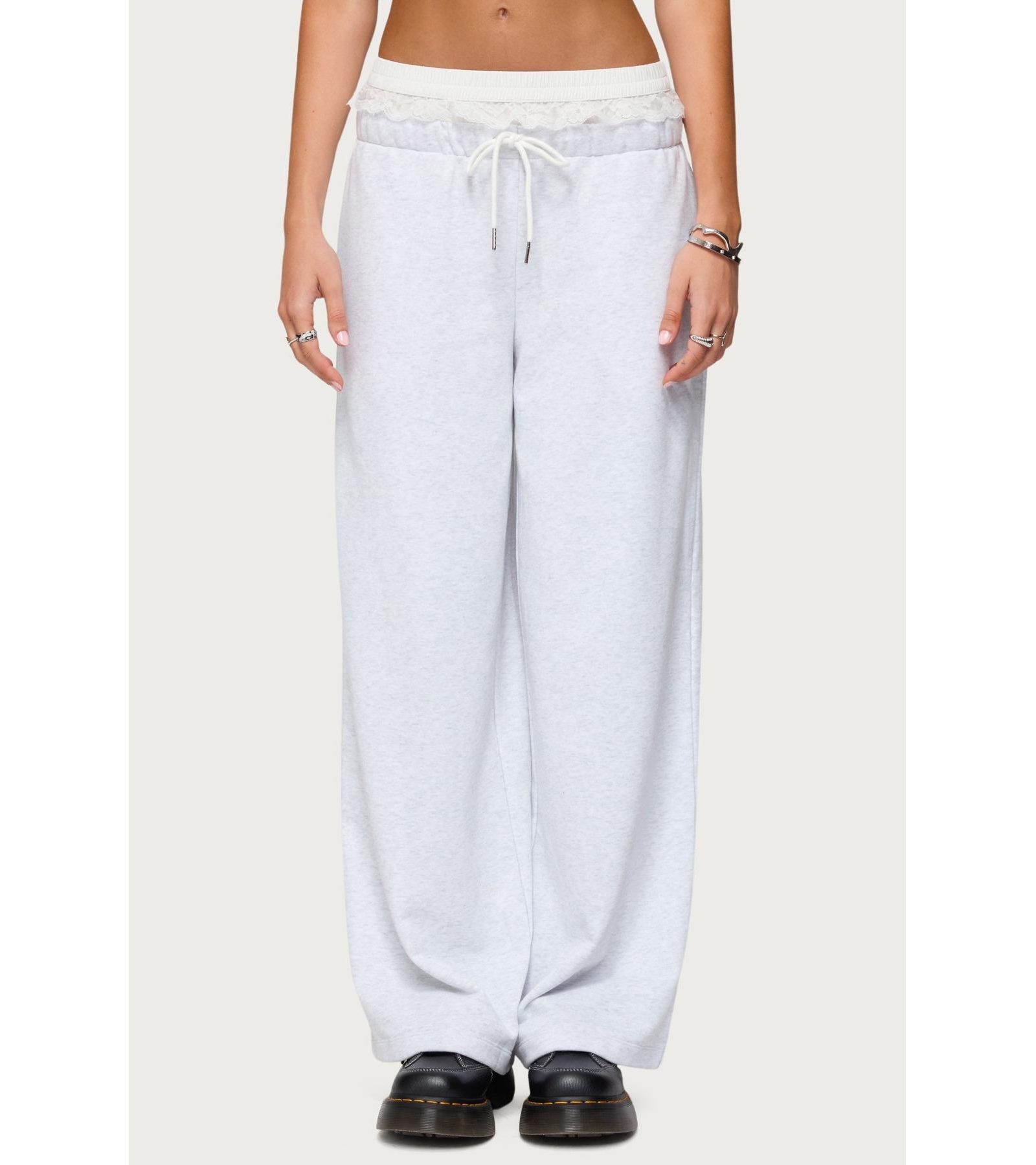 Edikted Womens Tamia Peekaboo Ruffle Lace Sweatpants