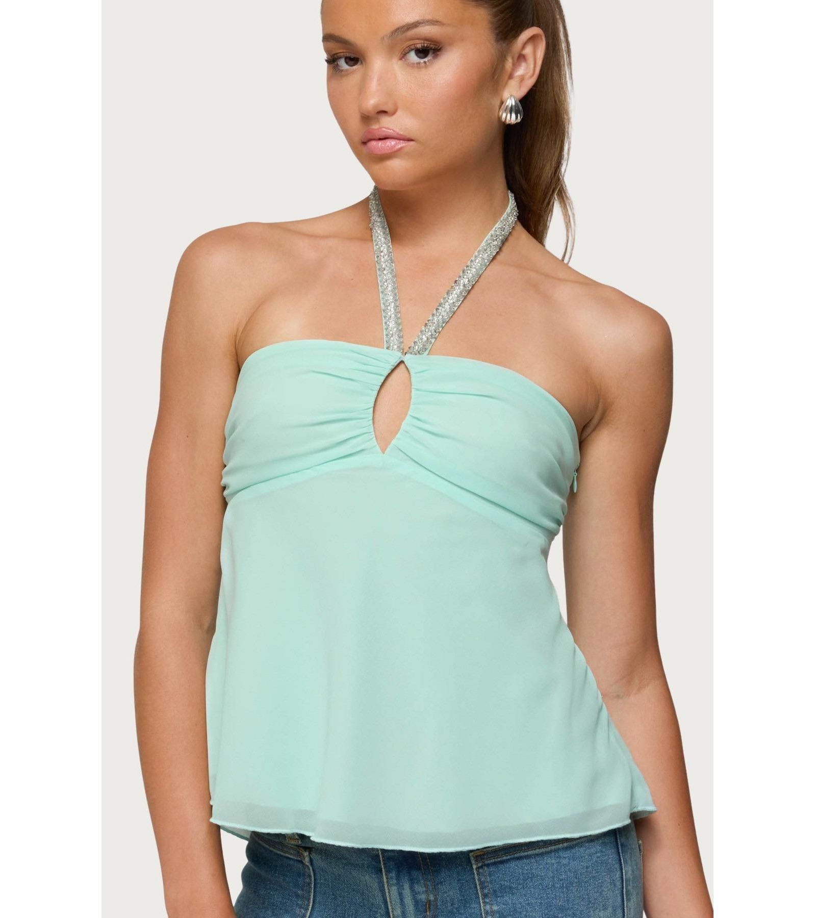 Edikted Women's Sequin Chiffon Keyhole Halter Top