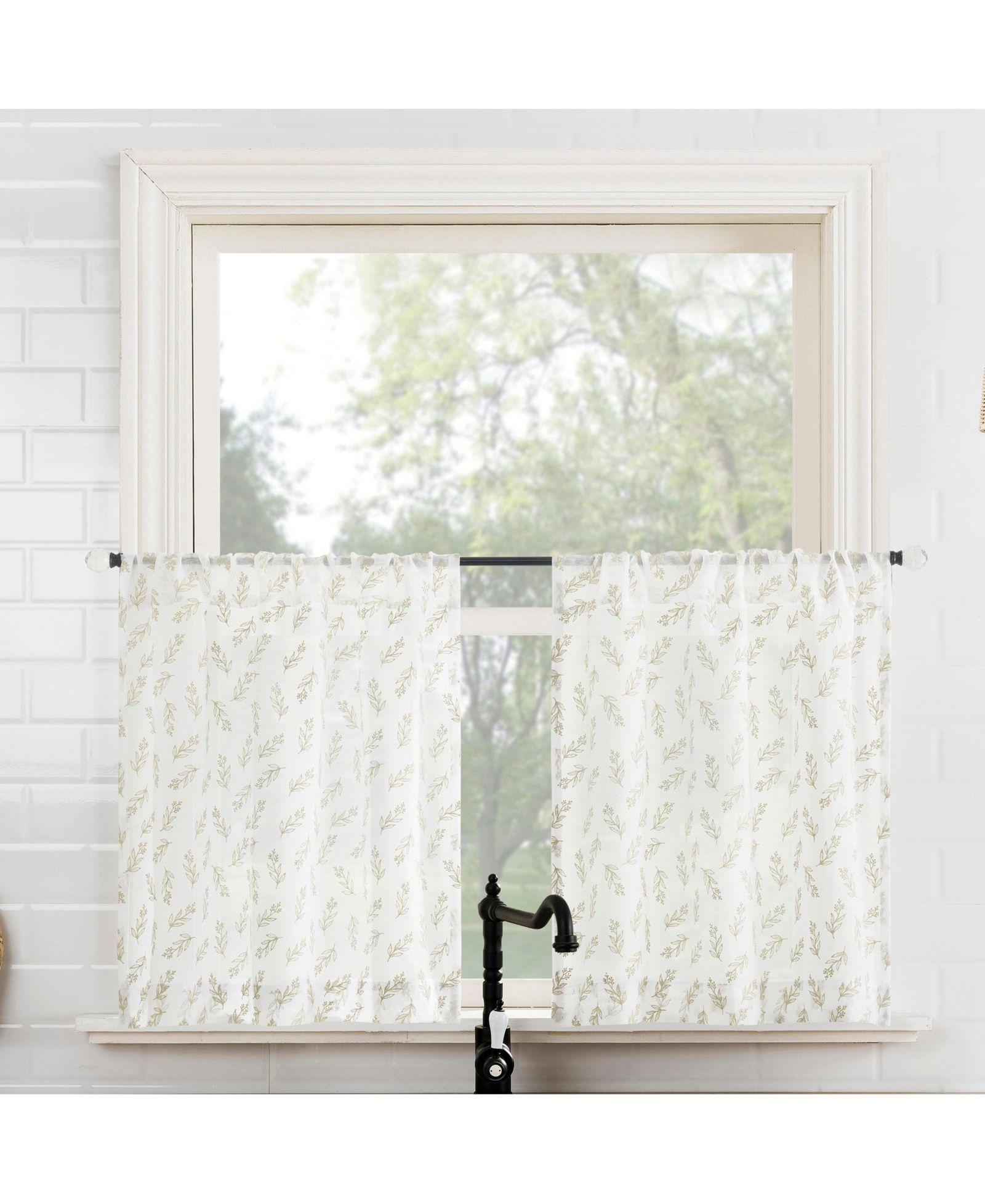 No. 918 Hollis Floral Leaf Sheer Rod Pocket Kitchen Curtain Tier Pair