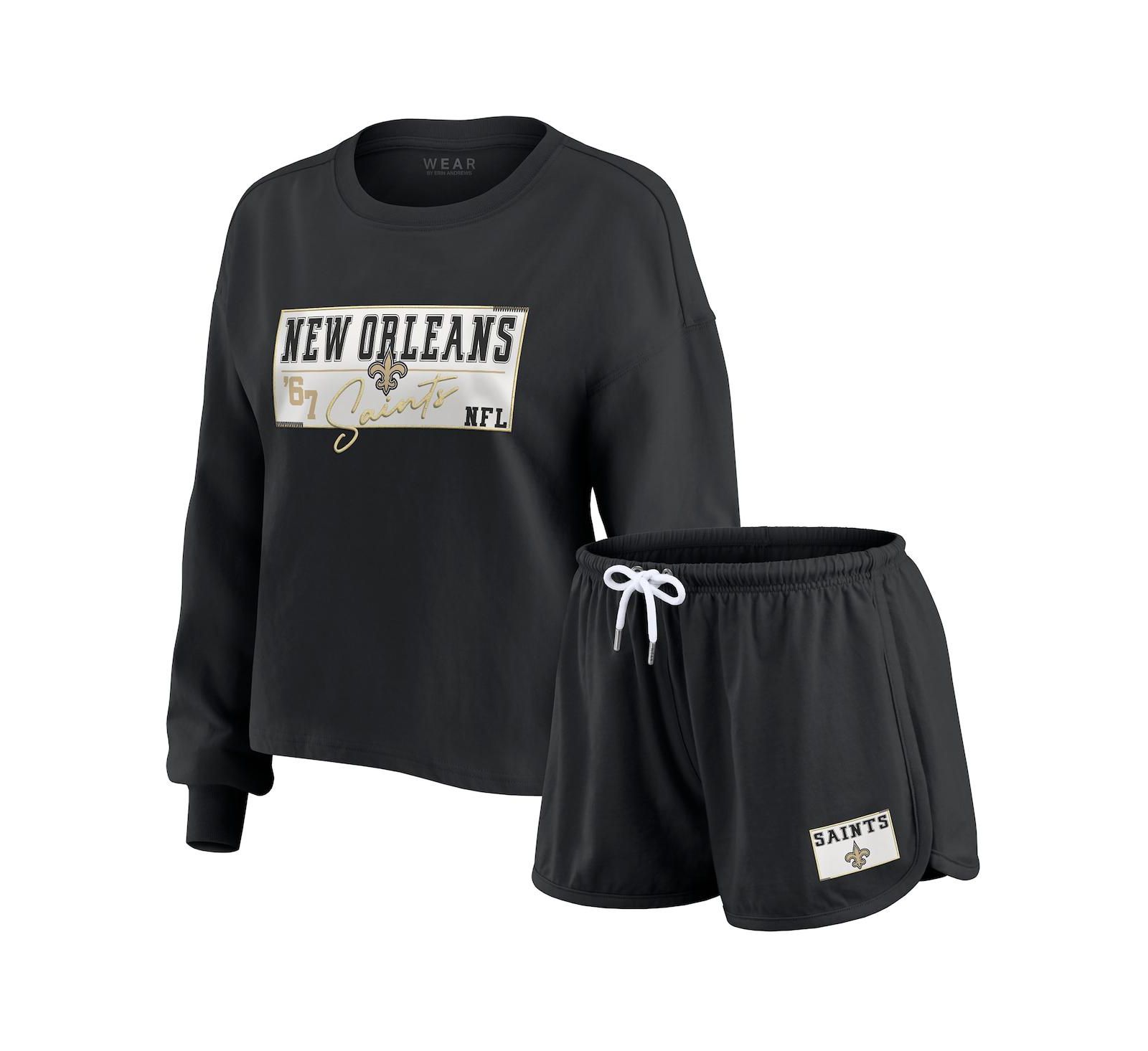 WEAR by Erin Andrews Women's 2-Piece Black New Orleans Saints Heavy Rugby Jersey Long Sleeve T-Shirt and Shorts Lounge Set