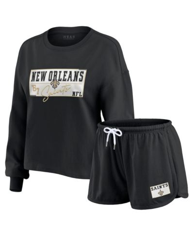 WEAR by Erin Andrews Women's 2-Piece Black New Orleans Saints Heavy Rugby Jersey Long Sleeve T-Shirt and Shorts Lounge Set