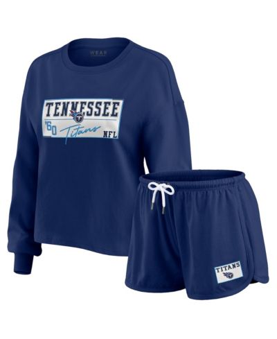 Женский комплект WEAR by Erin Andrews Navy Tennessee Titans Heavy Rugby Jersey Long Sleeve T-Shirt and Shorts Lounge Set