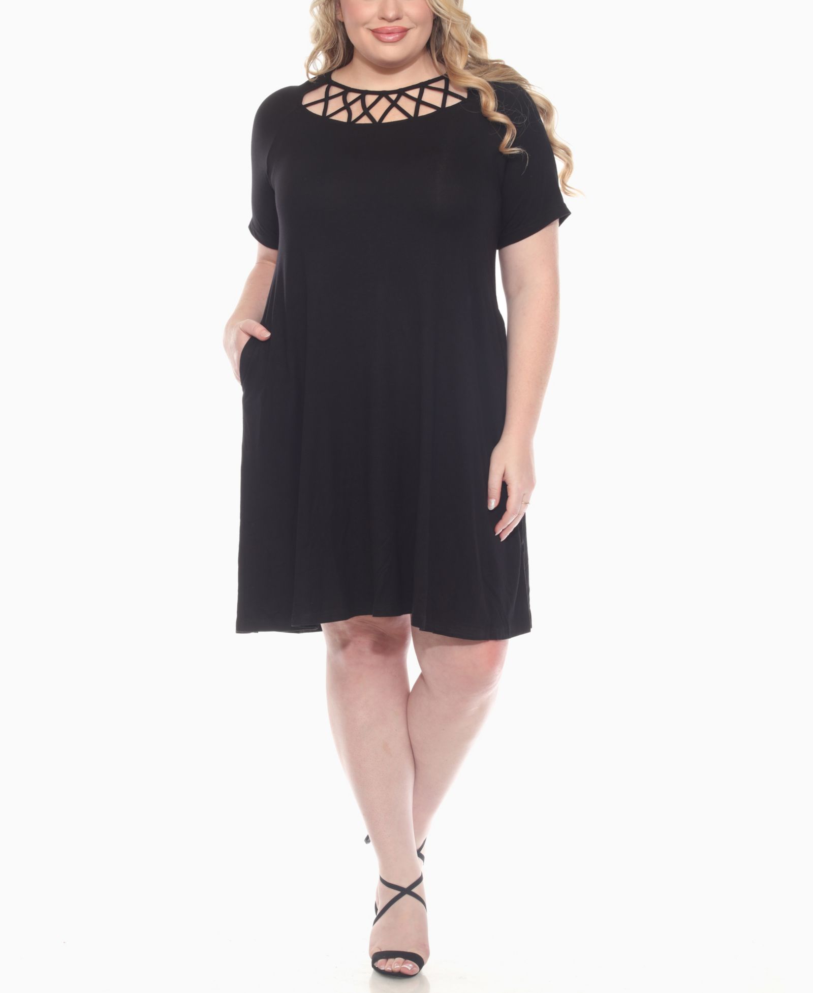 White Mark Plus Size Short Sleeve Crisscross Neck A-Line Dress