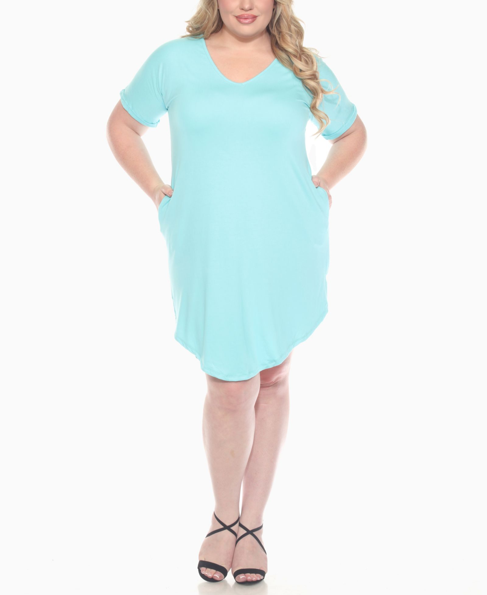 White Mark Plus Size V-Neck Folded Sleeves and Pockets Knee-Length Dress