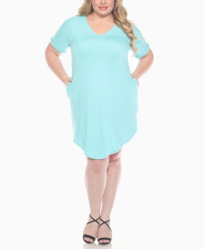White Mark Plus Size V-Neck Folded Sleeves and Pockets Knee-Length Dress