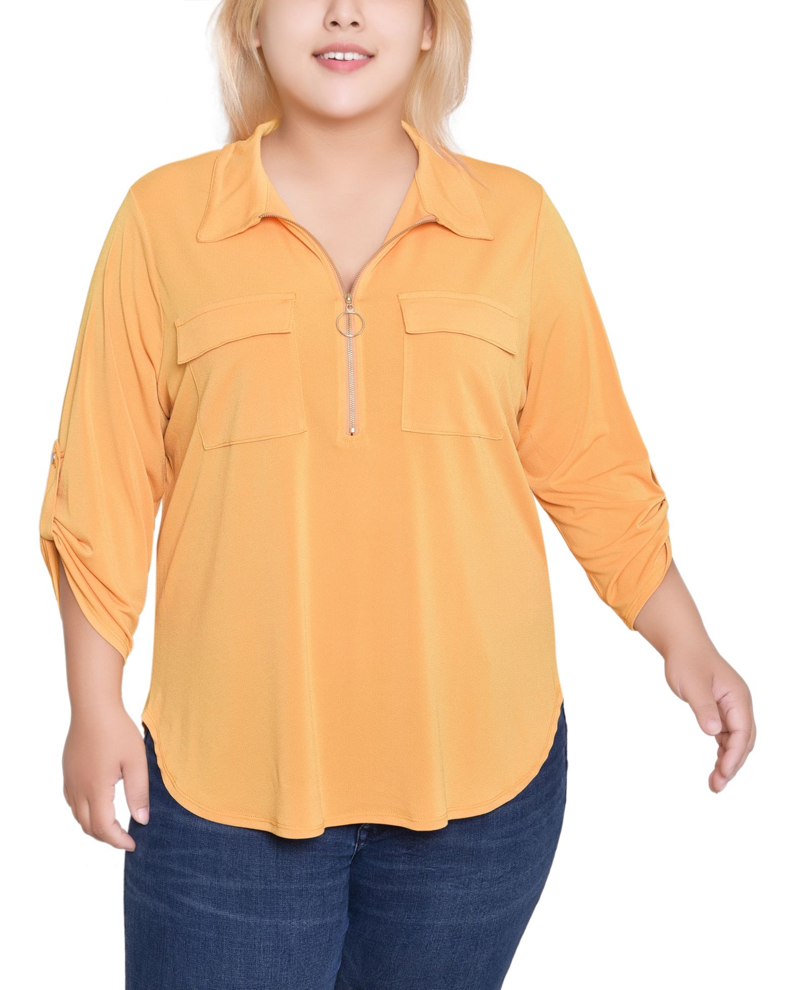 NY Collection Plus Size Топ на молнии с рукавом 3/4 Roll Tab