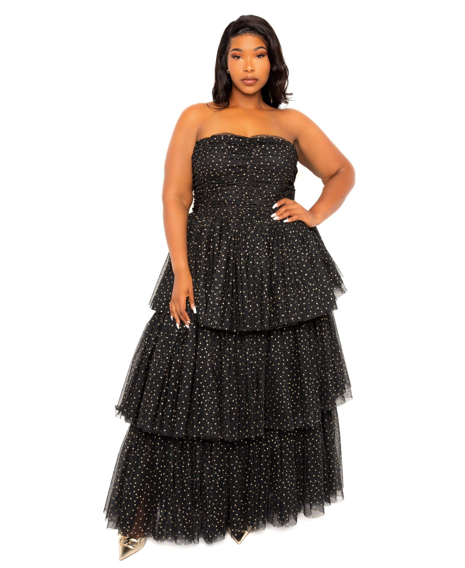 Buxom Couture Plus Size Metallic Polka Dot Tiered Tulle Dress