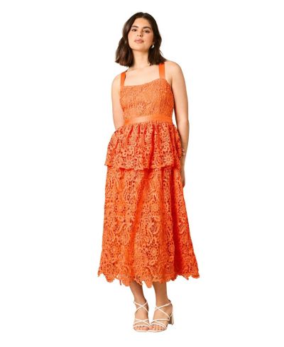 Oasis Women's Cross Strap Tiered Lace Midi Dress