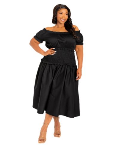 Buxom Couture Women's Plus Size Off Shoulder Smocked Midi Dress