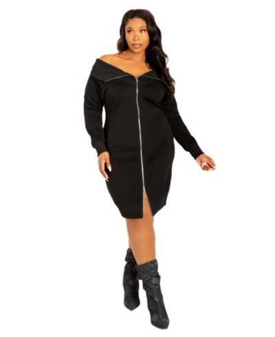 Buxom Couture Women's Plus Size Off Shoulder Zip-up Sweater Dress