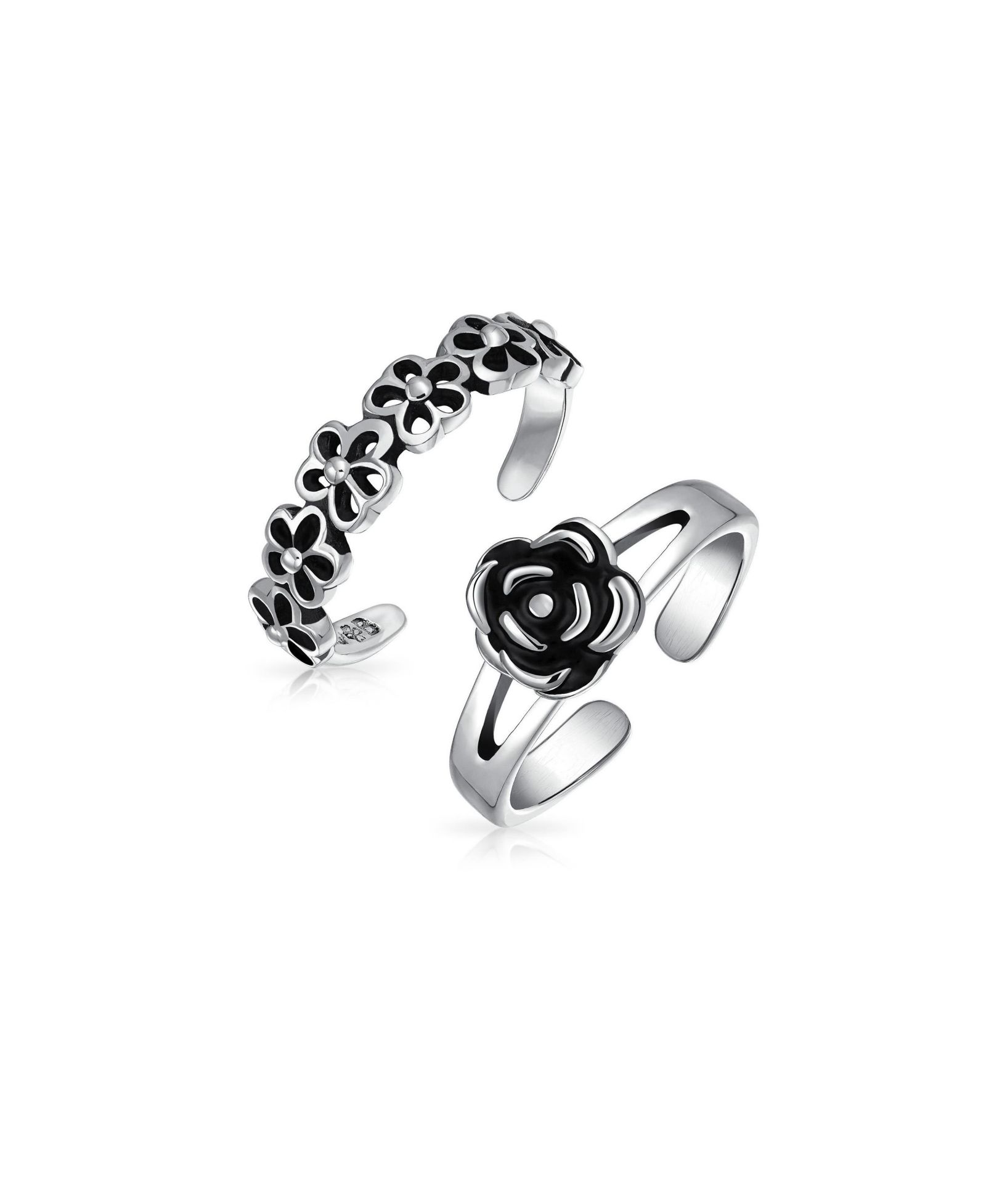 Bling Jewelry Flower Daisies and Rose Midi Band Toe Ring Oxidized 925 Sterling Silver Set-2