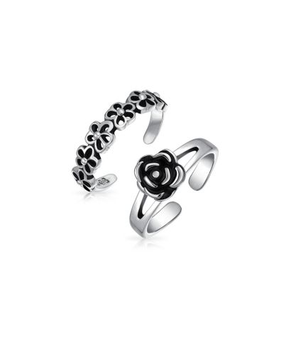 Bling Jewelry Flower Daisies and Rose Midi Band Toe Ring Oxidized 925 Sterling Silver Set-2