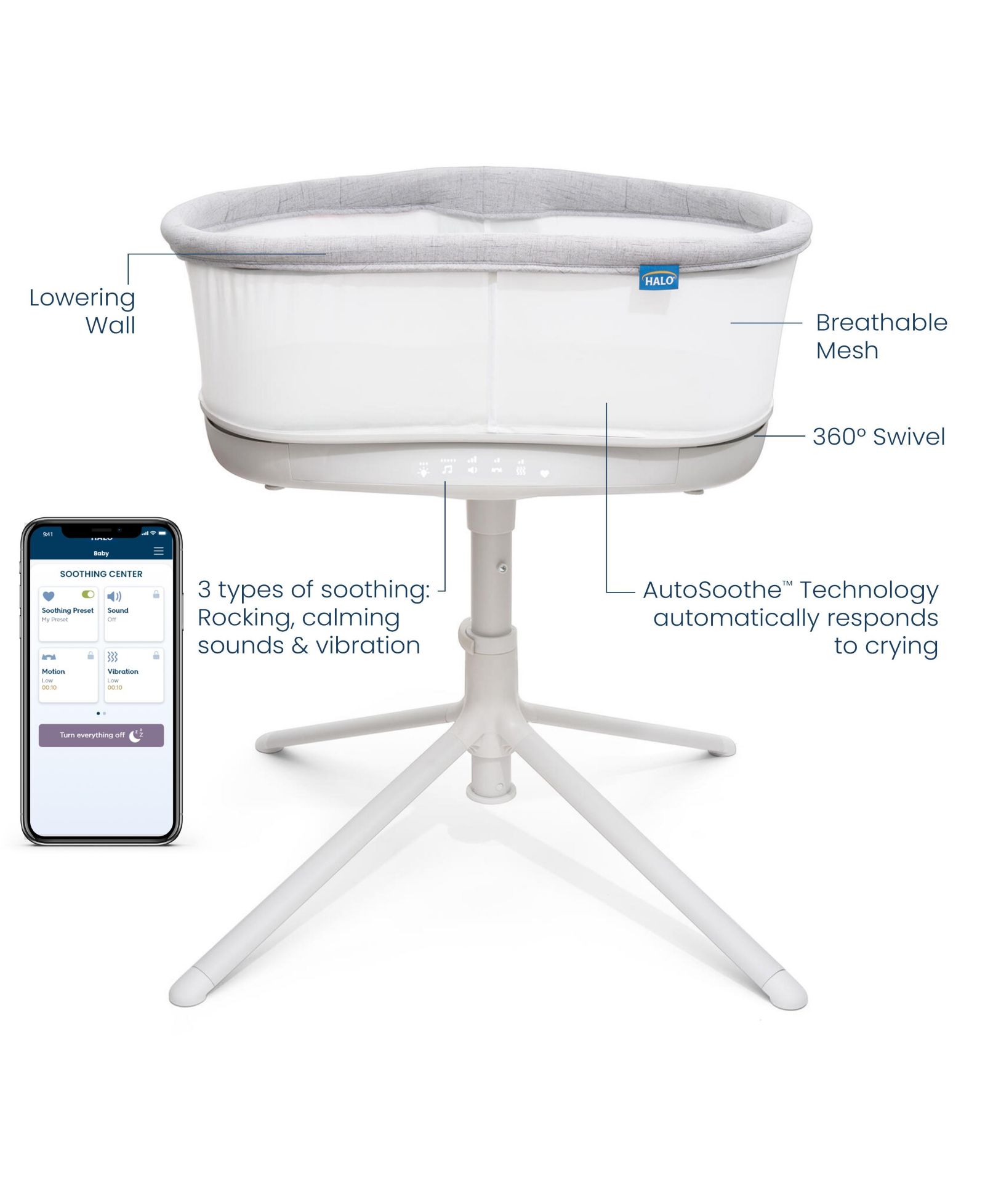 HALO Baby BassiNest Connected Swivel Sleeper 3.0 — умная колыбель с AutoSoothe