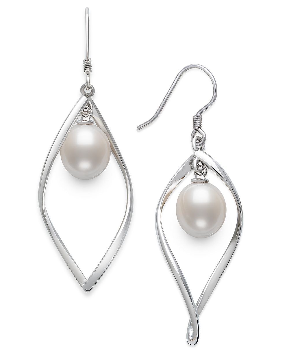 Belle de Mer Cultured Freshwater White Drop Pearl (8-9mm) Earrings in Sterling Silver
