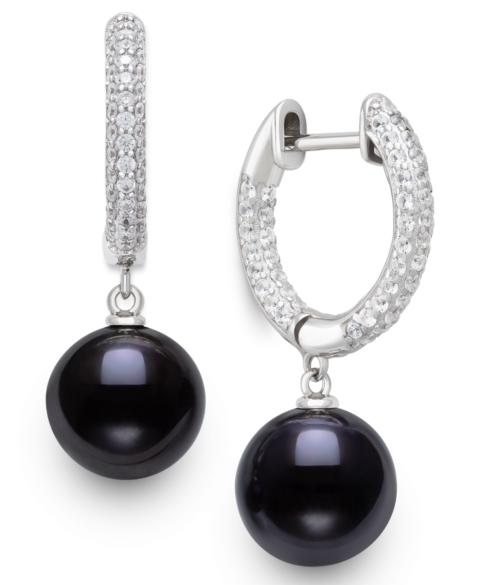 Belle de Mer Cultured Freshwater Peacock Black Pearl (10-11mm) and Lab Created Sapphire Drop Earrings in Sterling Silver